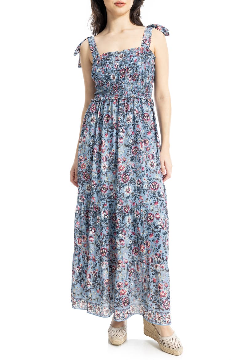 Shoulder Tie Maxi Dress, Main, color, PALE DENIM HERITAGE FLORAL