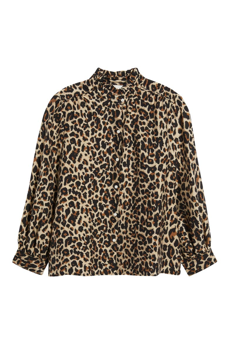 Ruffle Button-Up Shirt, Alternate, color, TAN- BLACK SARAH LEOPARD