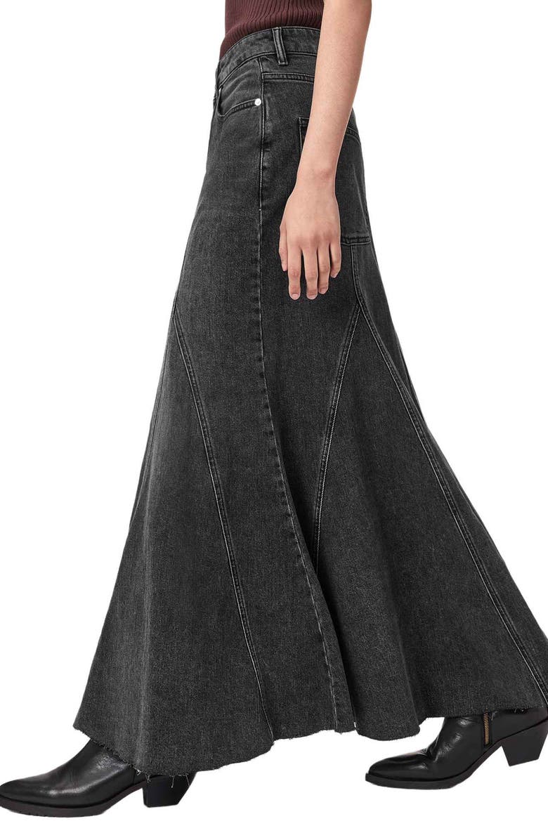 AllSaints Alma Flare Denim Maxi Skirt, Alternate, color, Washed Black
