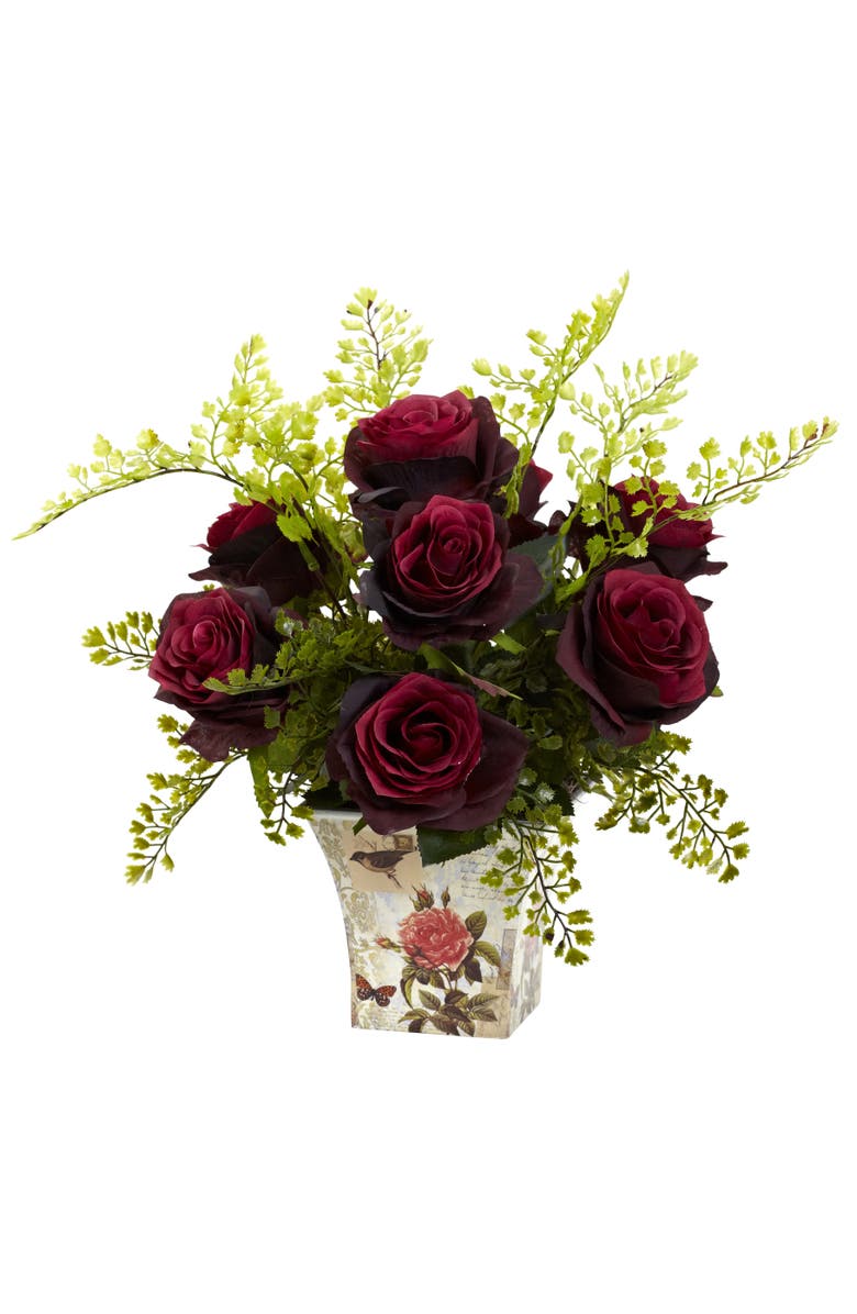 NEARLY NATURAL Rose & Maiden Hair with Floral Planter, Main, color, Burgundy