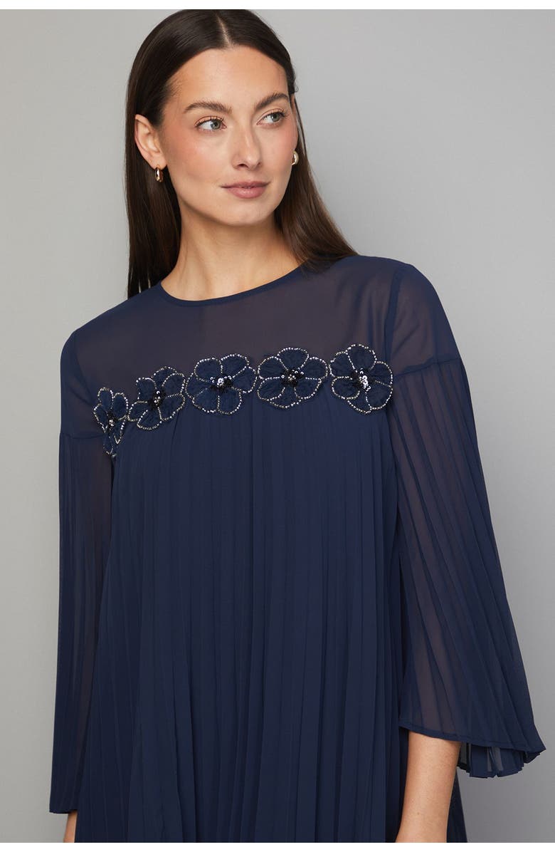 Wallis Pleated Floral Trim Shift Dress, Alternate, color, Navy