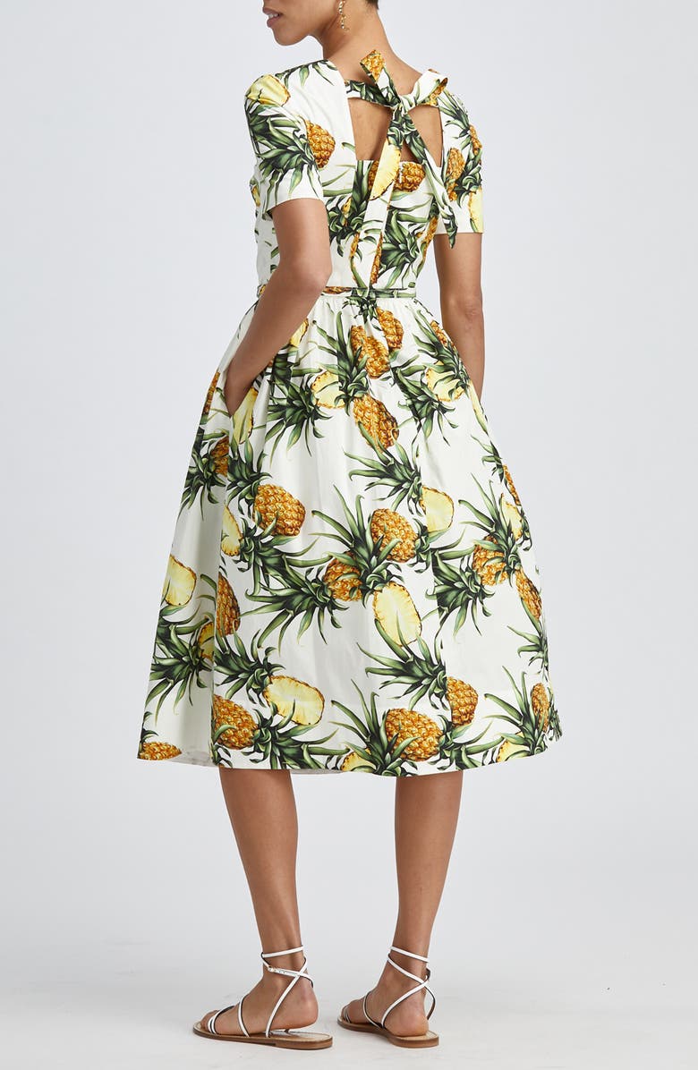 Oscar de la Renta Pineapple Poplin Belted Midi Dress, Alternate, color, 