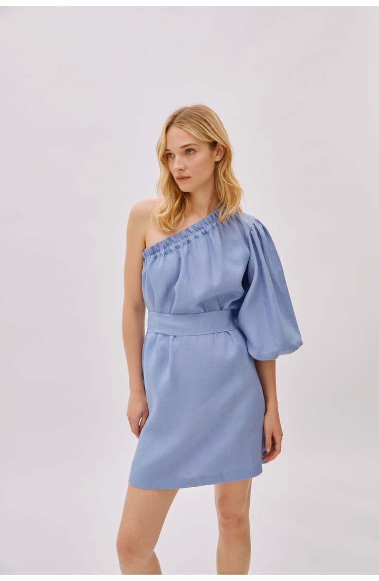 Labeca London Florence Cloud Blue Linen One Sleeve Dress, Main, color, Blue