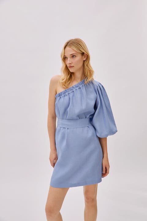 Florence Cloud Blue Linen One Sleeve Dress