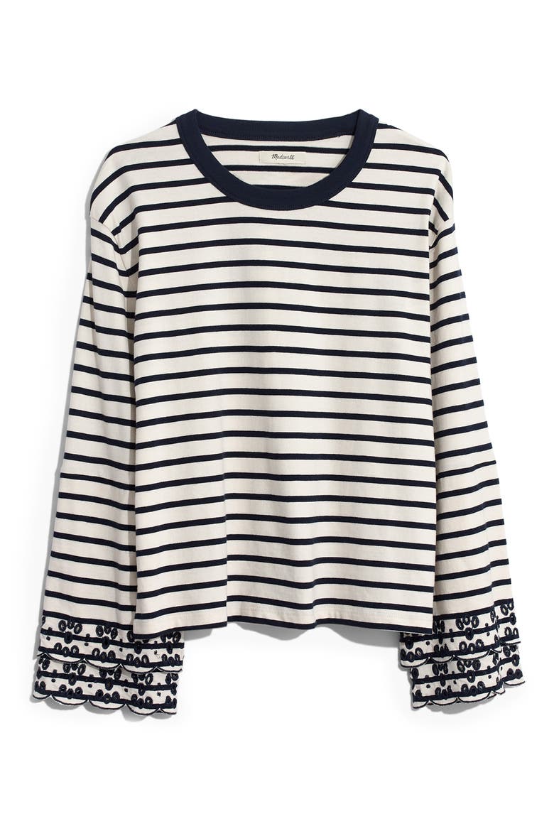 Baker Stripe Eyelet Embroidered Tier Sleeve Tee, Alternate, color, PEARL IVORY SOCOTRA STRIPE