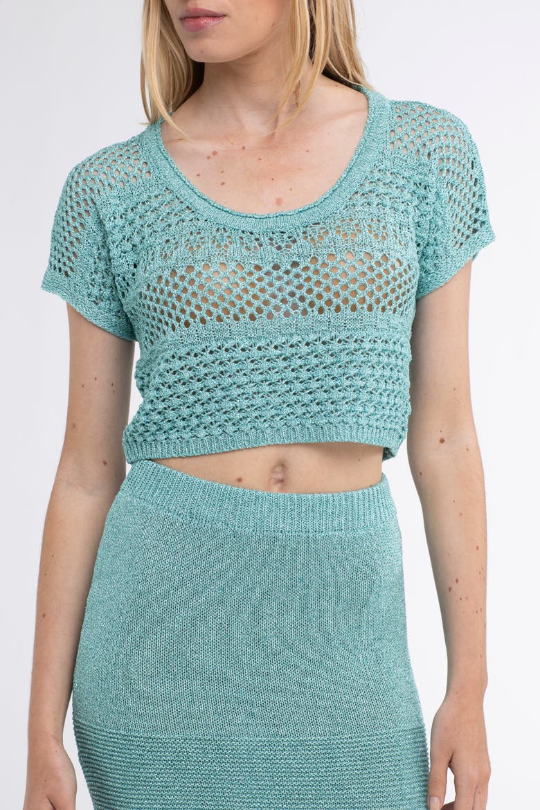Mateo Crochet Cover-Up Crop Top, Alternate, color, Turquoise