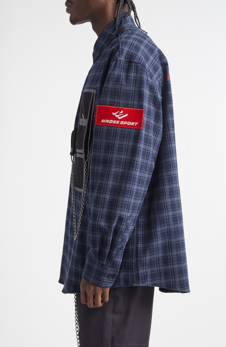 Martine Rose Wallet Chain Plaid Flannel Button-Up Shirt, Alternate, color, Blue