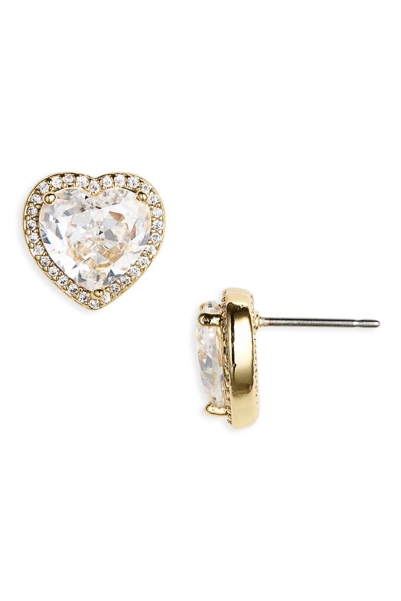 pavé heart stud earrings, Main, color, CLEAR/ GOLD