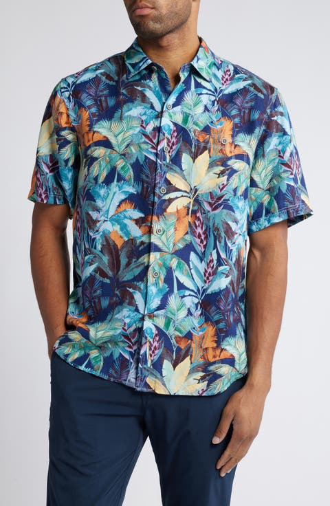Sand Fuego Palms Short Sleeve Linen Blend Button-Up Shirt