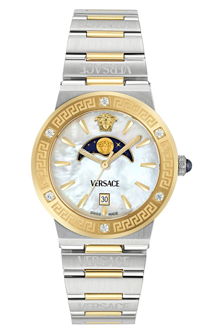 Greca Logo Moonphase Bracelet Watch, 38mm, Main, color, TWO TONE