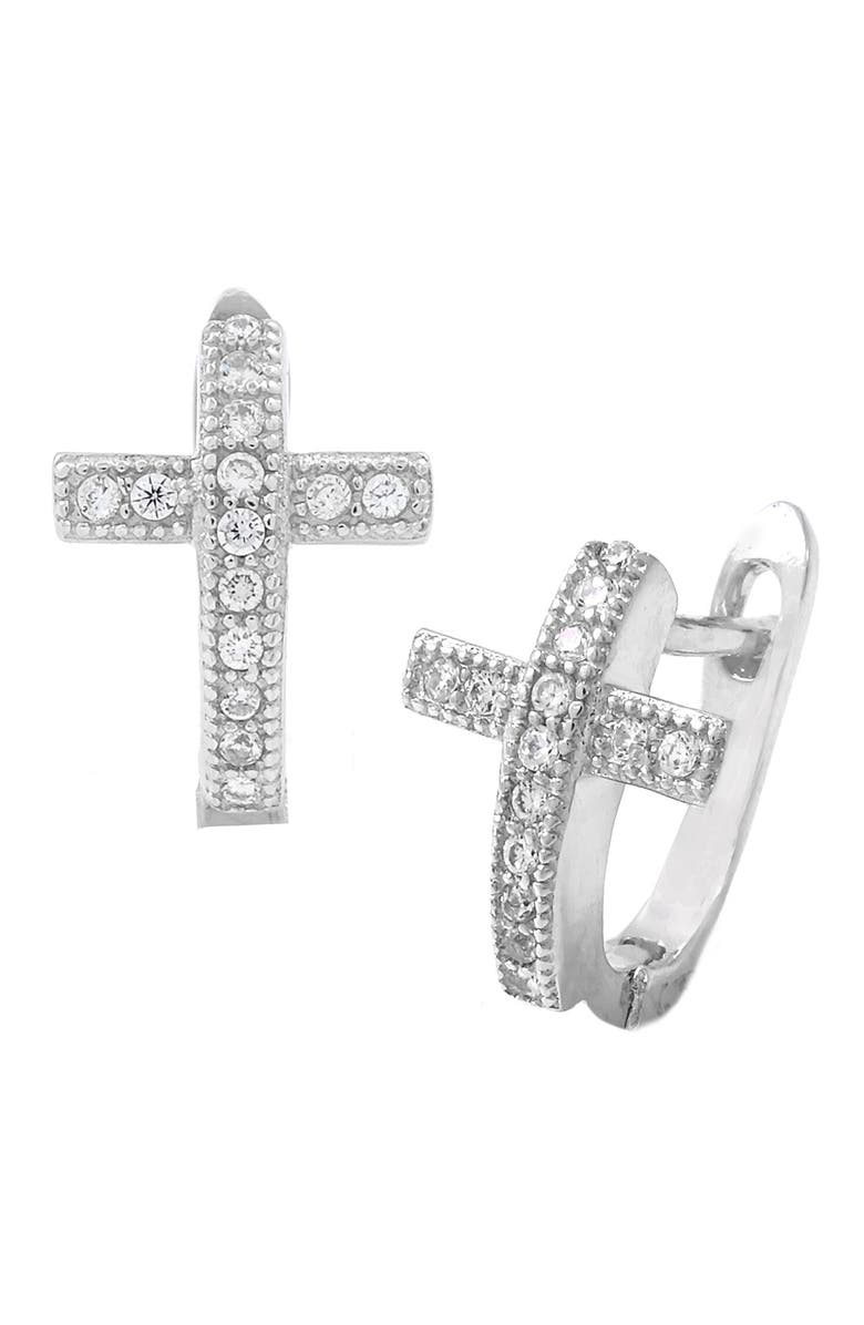SAVVY CIE JEWELS Sterling Silver CZ Cross 12mm Huggie Hoop Earrings, Main, color,
