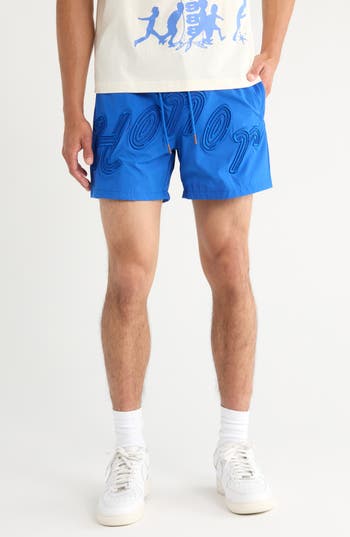 Honor The Gift Mens Blue Embroidered-text Relaxed-fit Swim Trunks In Blue
