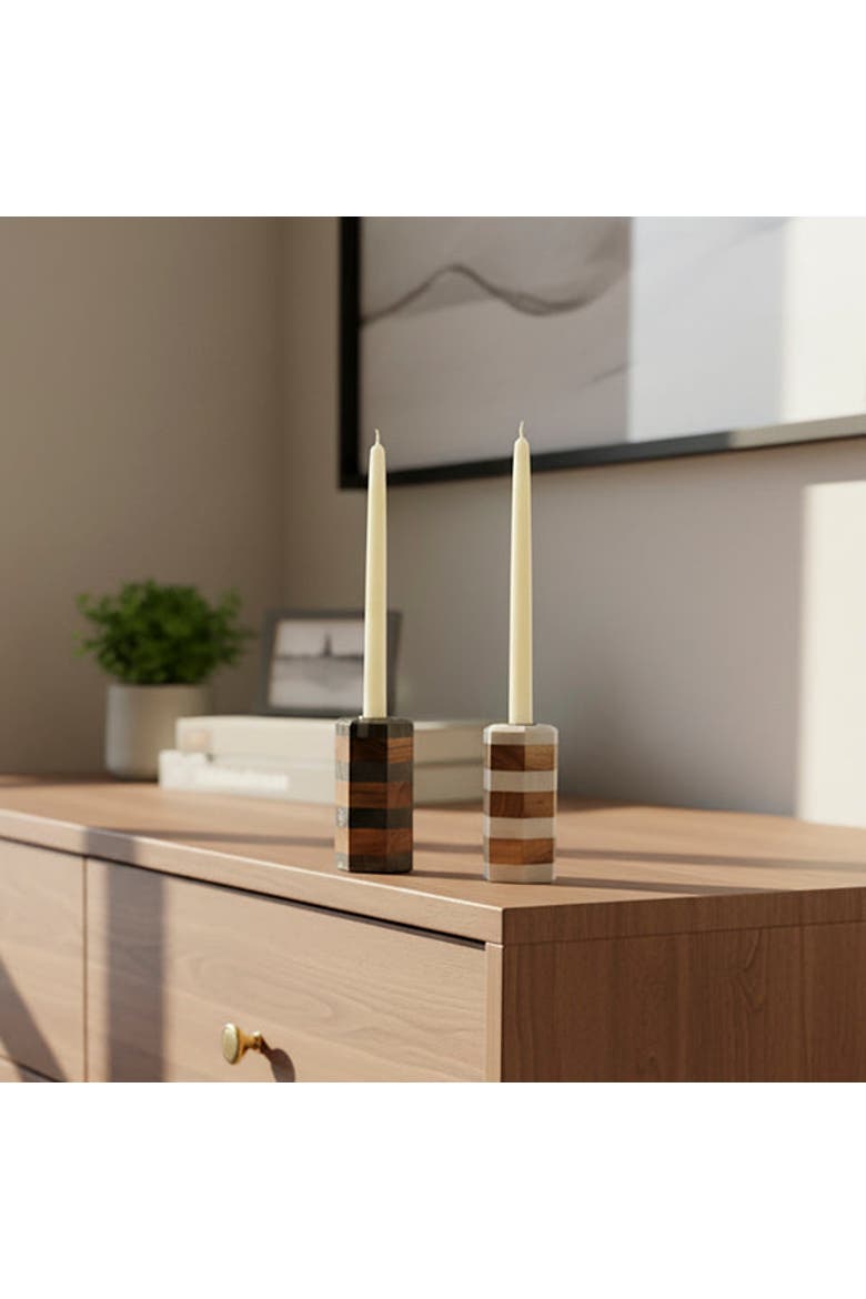 Striped Marble & Acacia Candleholders, Alternate, color, White
