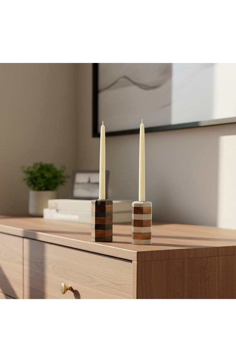 Mela Artisans Striped Marble & Acacia Candleholders, Alternate, color, Black