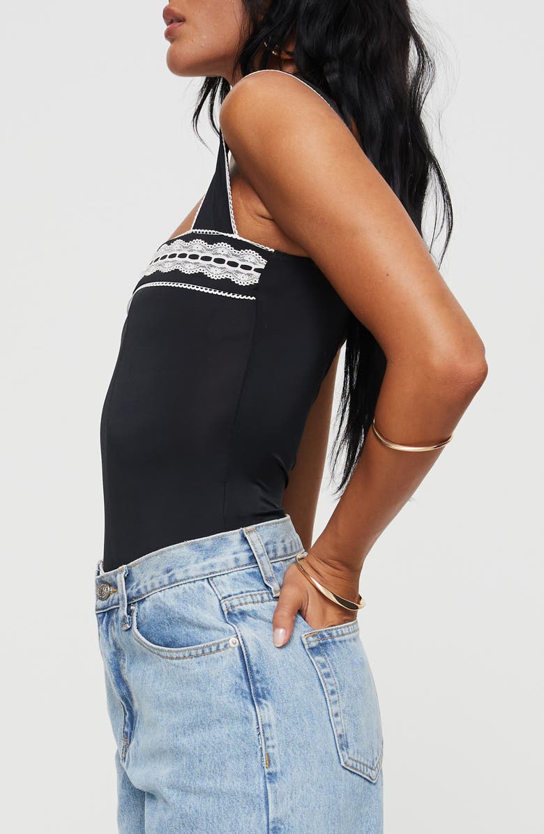 Princess Polly Keating Contrast Lace Trim Bodysuit, Alternate, color, Black