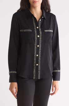 Ellen Tracy Tweed Trim Long Sleeve Button-Up Shirt