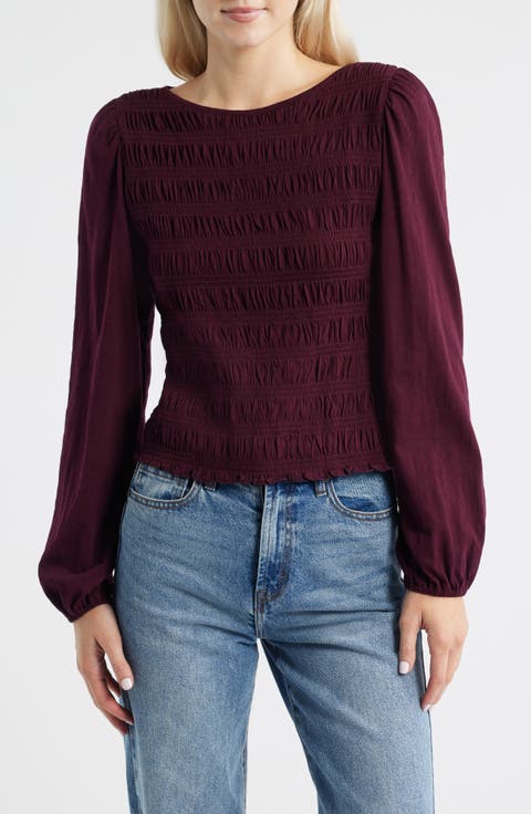 Smocked Boat Neck Long Sleeve Cotton Top