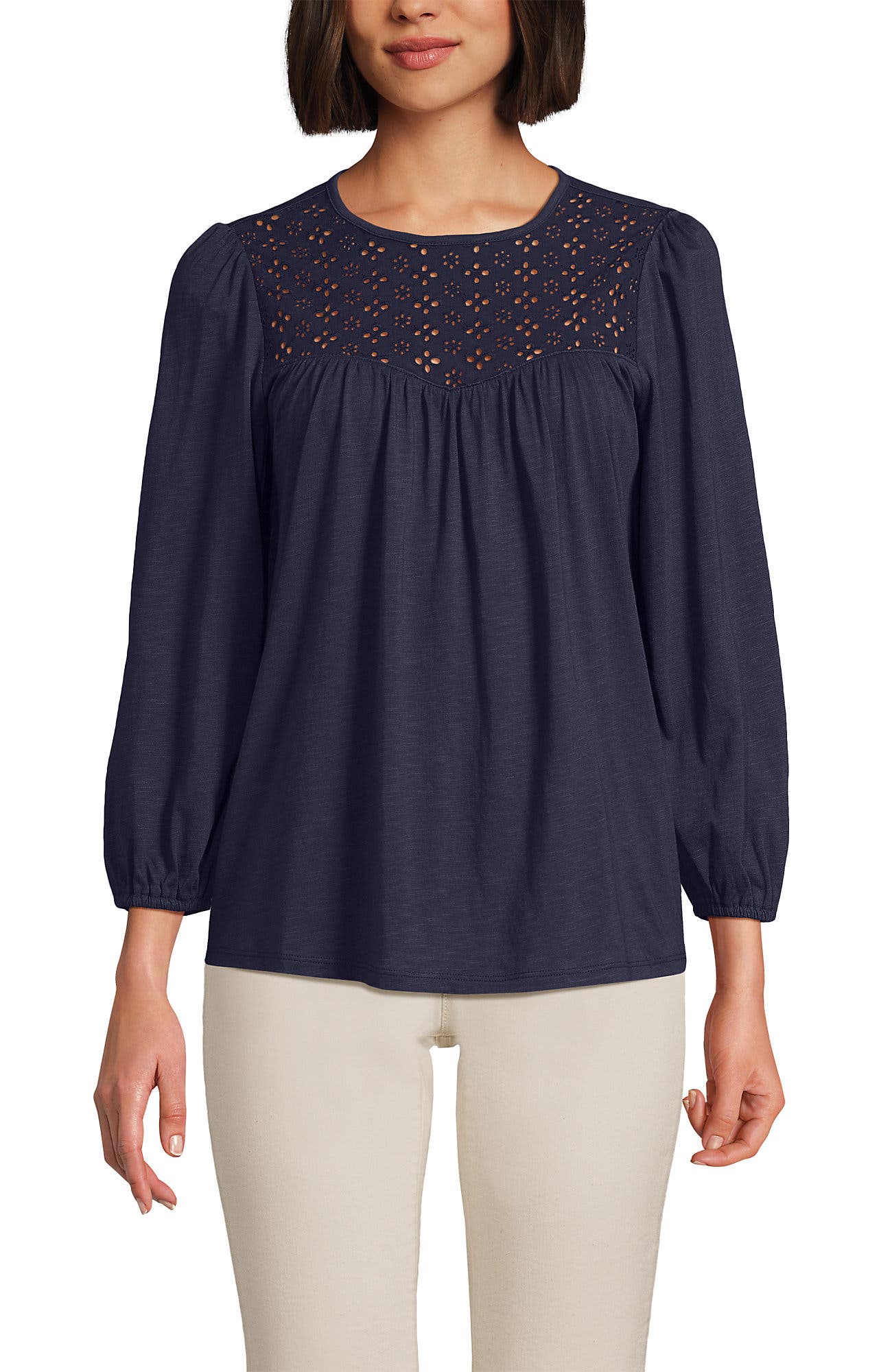 3/4 Sleeve Eyelet Mix Flowy Top - image 3
