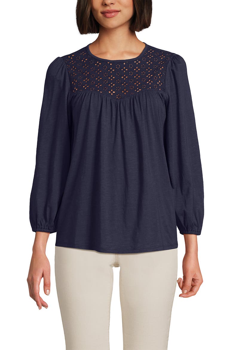 3/4 Sleeve Eyelet Mix Flowy Top, Main, color, Faded Navy