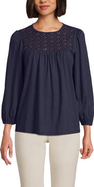 Lands' End 3/4 Sleeve Eyelet Mix Flowy Top