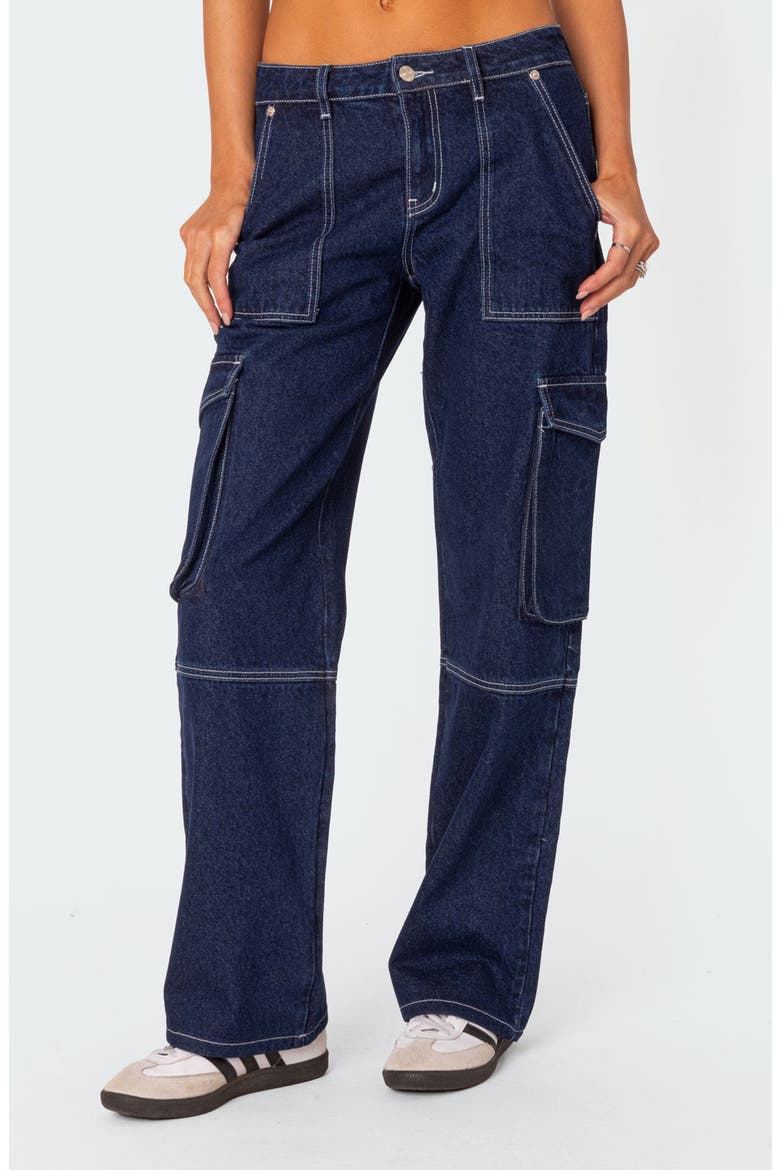 Alyssa Contrast Stitch Wide Leg Cargo Jeans, Main, color, BLUE