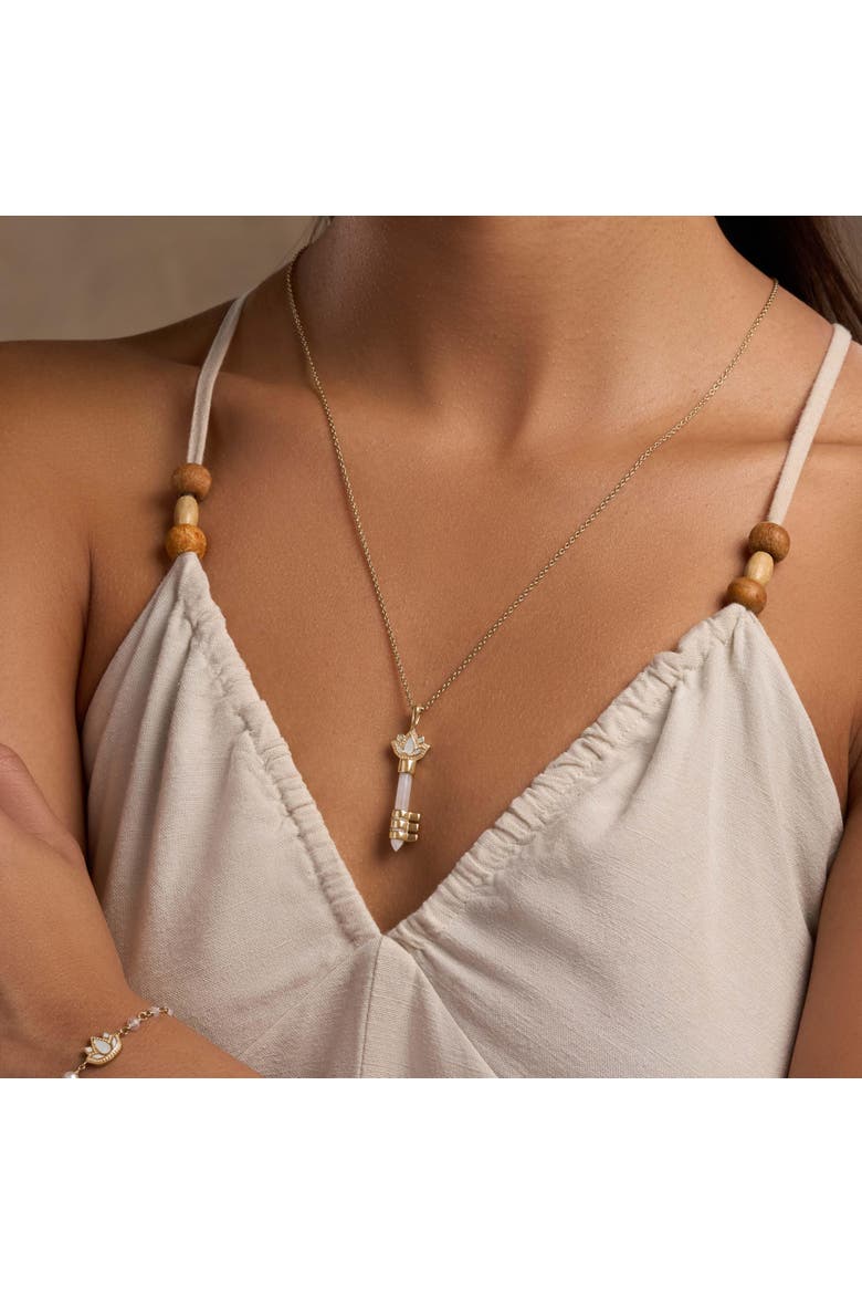 Spiritual Awakening Rainbow Moonstone Key & Lotus Gold Necklace, Alternate, color, Gold/White
