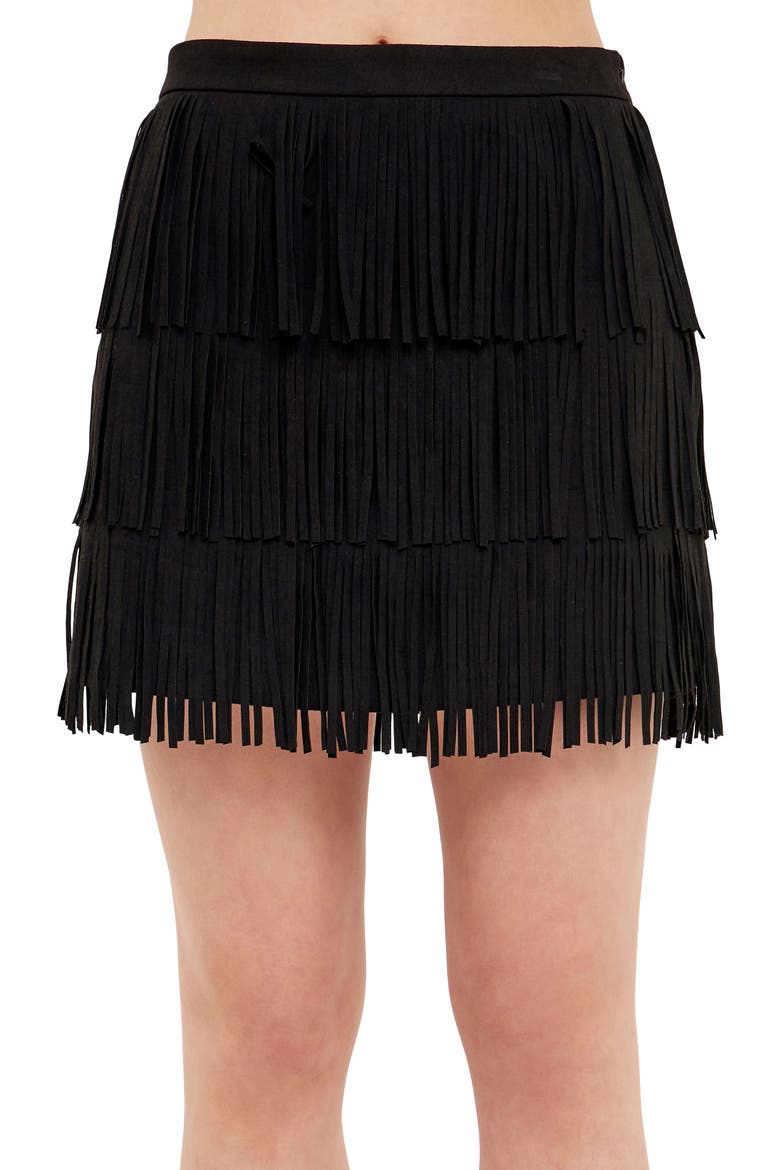 Fringe Faux Suede Miniskirt, Alternate, color, JET BLACK
