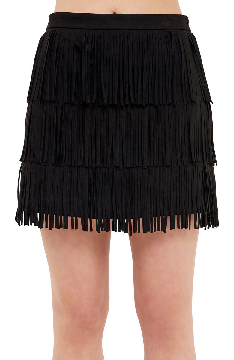 Endless Rose Fringe Faux Suede Miniskirt, Alternate, color, Jet Black