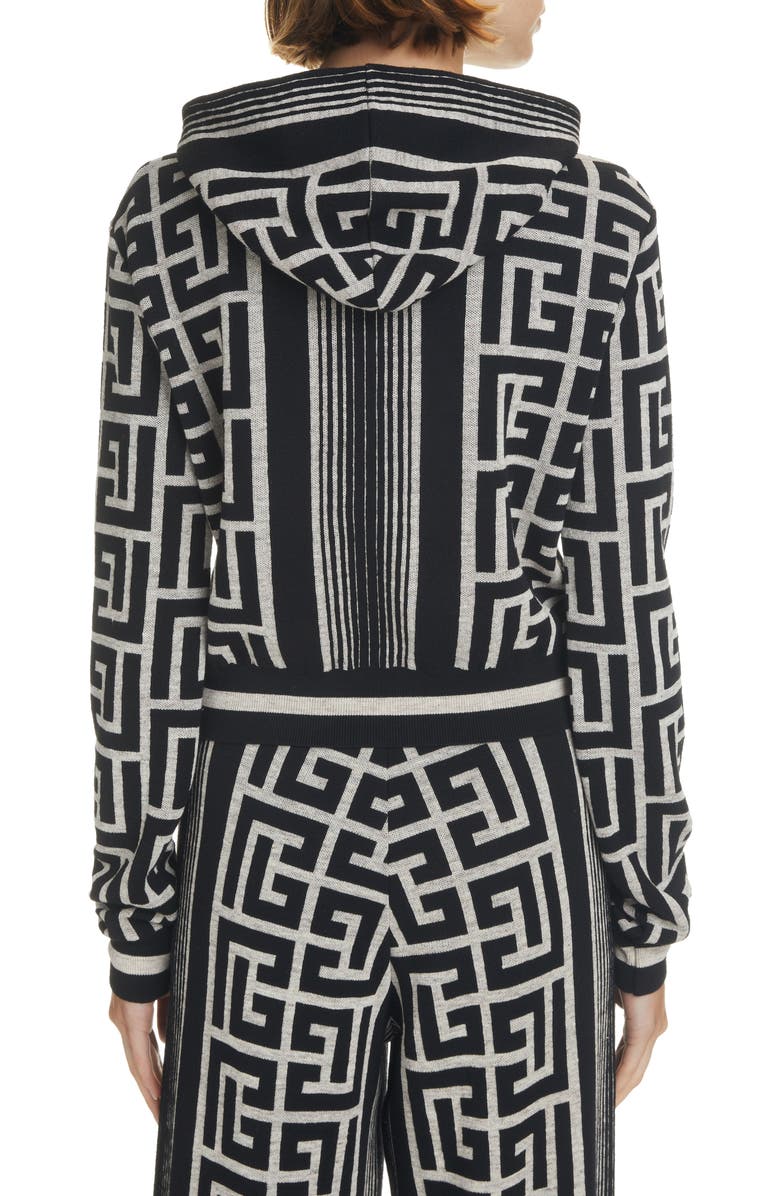 Balmain Monogram Crop Merino Wool & Linen Blend Hoodie, Alternate, color, 