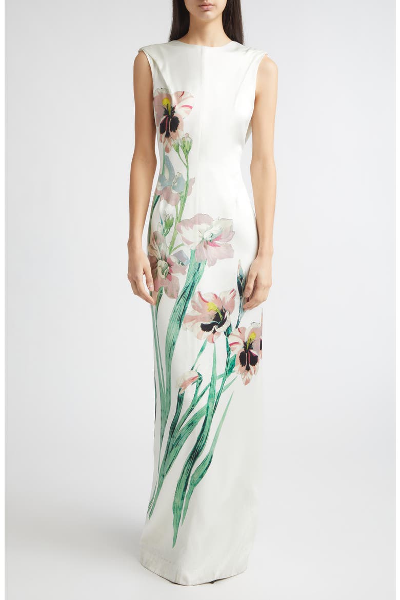 Floral Drape Back Duchesse Satin Gown, Main, color, MIRRORED ORCHID IVORY