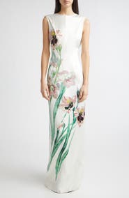 Erdem Floral Drape Back Duchesse Satin Gown