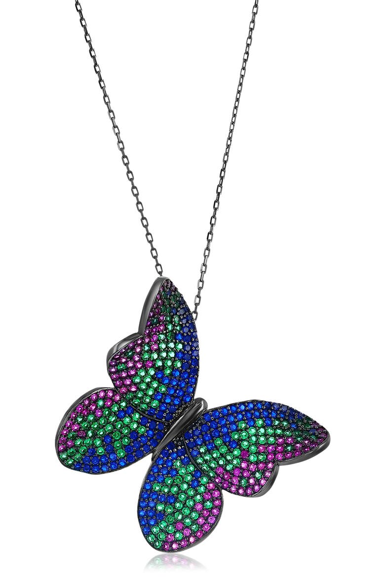 Pavé Cubic Zirconia Butterfly Pendant Necklace, Main, color, BLACK