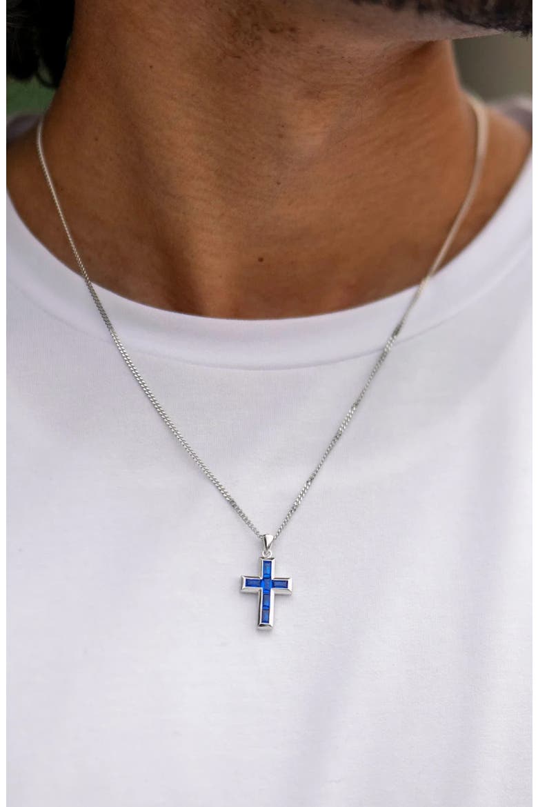 Men's Stone Cross Pendant Necklace, Alternate, color, SAPPHIRE