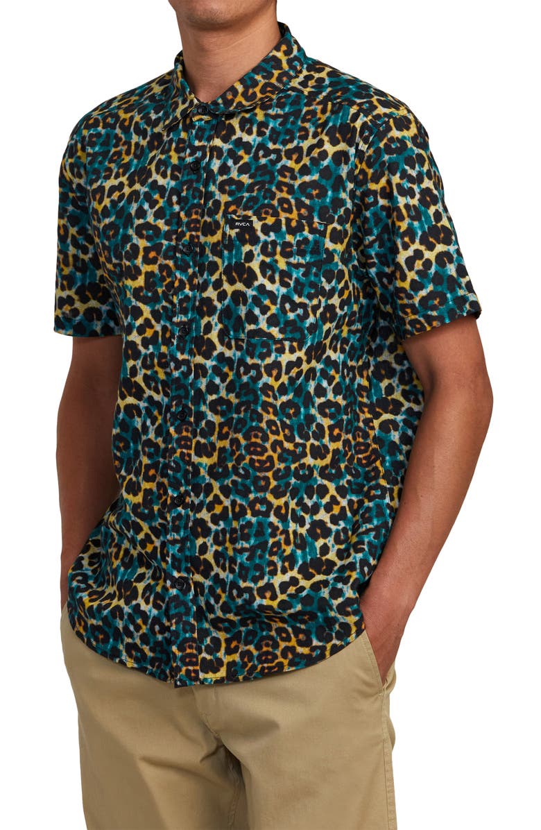 RVCA Cheeter Leopard Print Short Sleeve Cotton Button-Up Shirt, Alternate, color, 