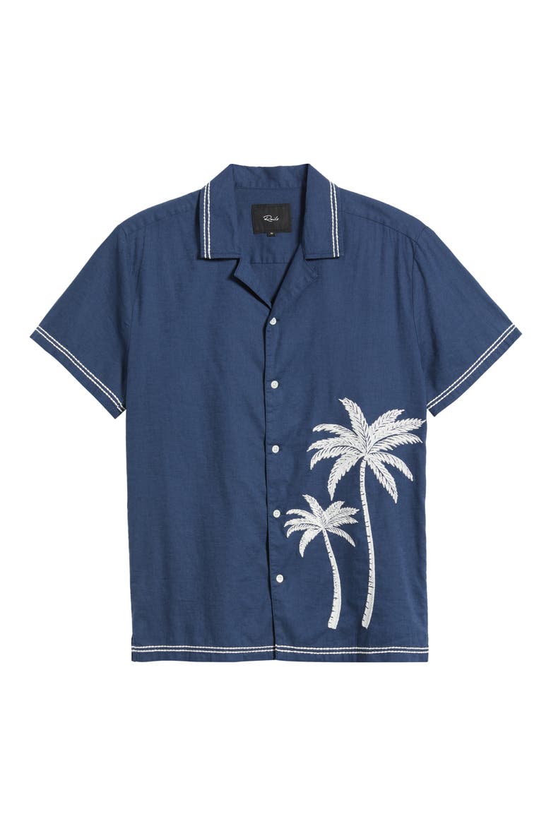 Gibson Palm Tree Embroidered Short Sleeve Linen Blend Button-Up Shirt, Alternate, color, NAVY WHITE PALM