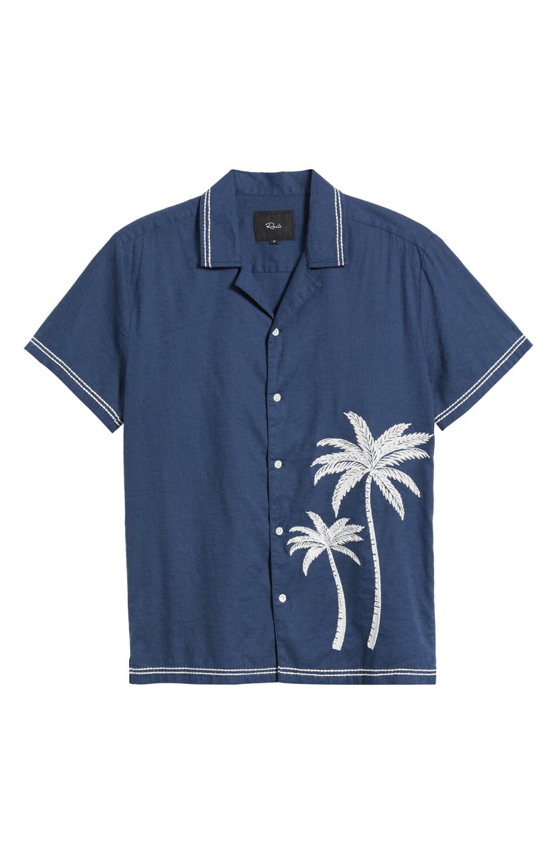Rails Gibson Palm Tree Embroidered Short Sleeve Linen Blend Button-Up Shirt, Alternate, color, Navy White Palm