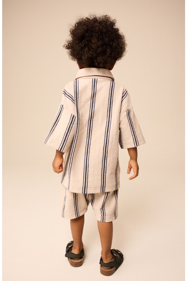 Kids' Stripe Knit Short Sleeve Cotton Button-Up Shirt & Drawstring Shorts Set, Alternate, color, NEUTRAL