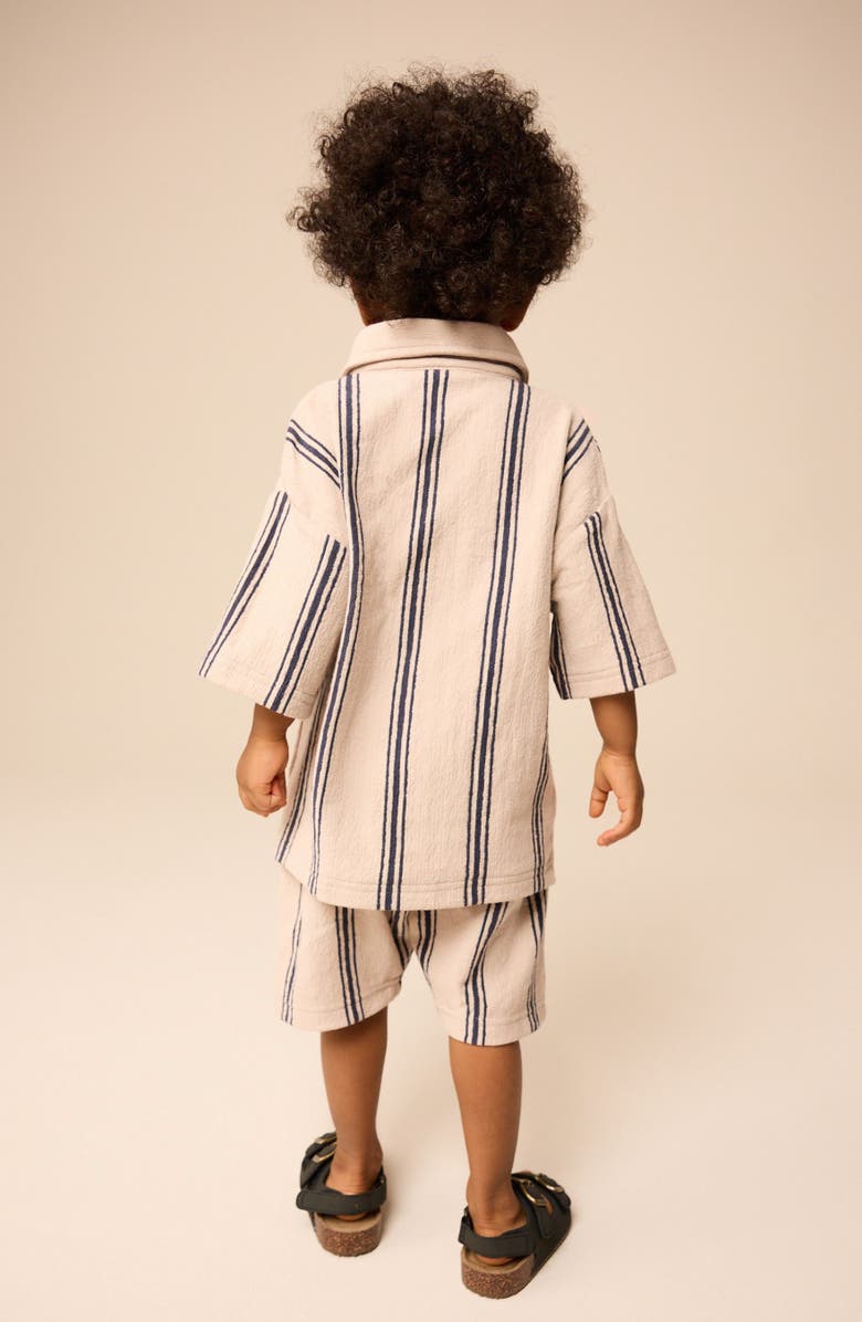 NEXT Kids' Stripe Knit Short Sleeve Cotton Button-Up Shirt & Drawstring Shorts Set, Alternate, color, Neutral