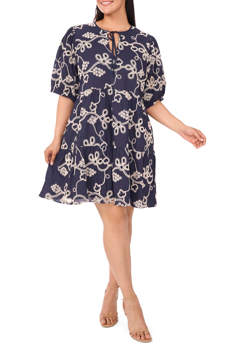 CeCe Embroidered Tiered Cotton Babydoll Dress, Main, color, Night Shade