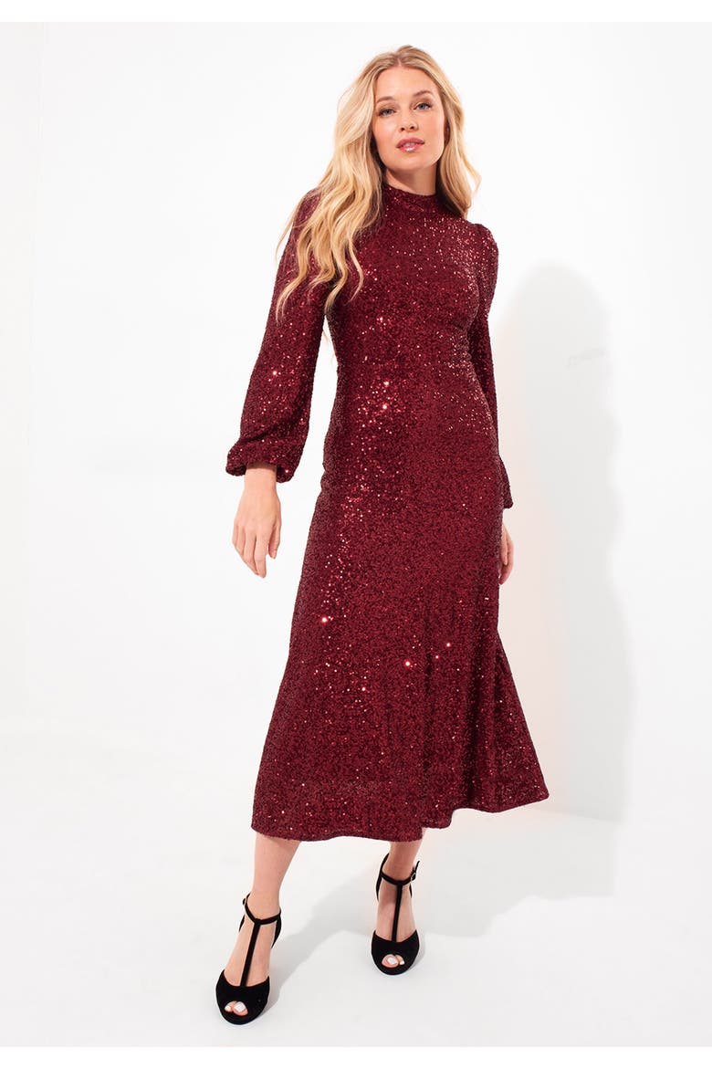 A Line Sequin Midi Dress, Alternate, color, RICH BURGUNDY