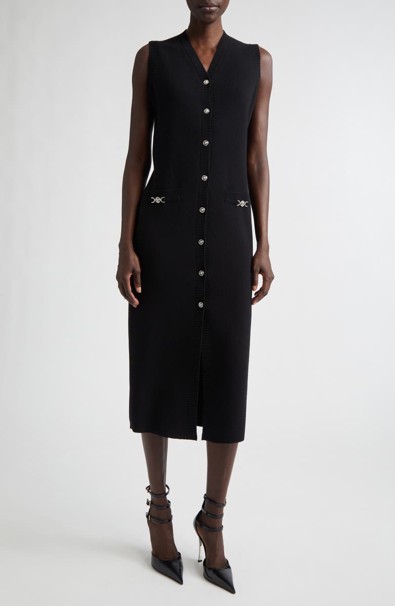 Versace Medusa Sleeveless Virgin Wool & Cashmere Sweater Dress, Main, color, Black
