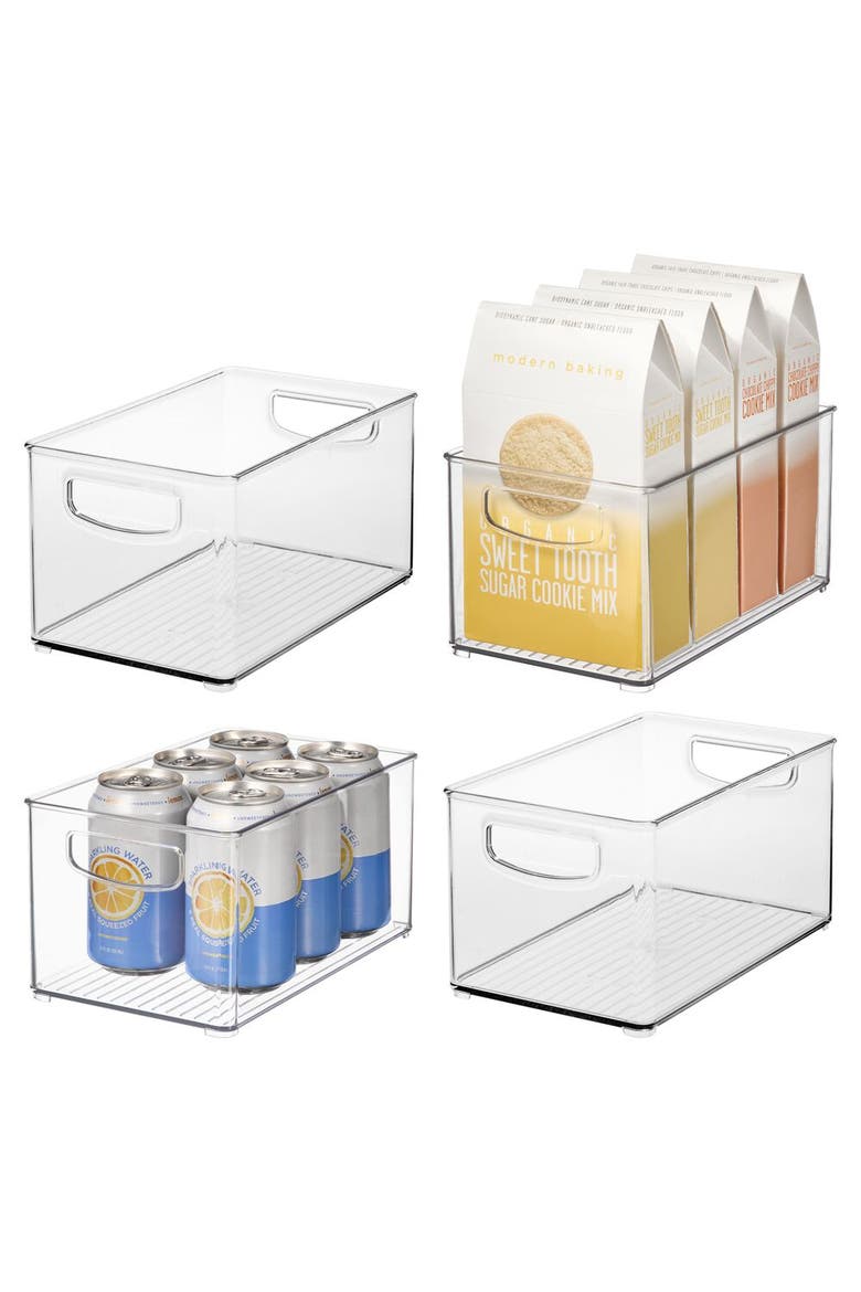 Plastic Stackable Pantry Bin - Organizer Bin with Handles for Cabinets or Fridge - Set of 4 - Clear, Main, color, Clear