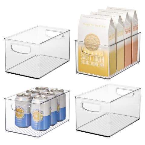 Plastic Stackable Pantry Bin - Organizer Bin with Handles for Cabinets or Fridge - Set of 4 - Clear