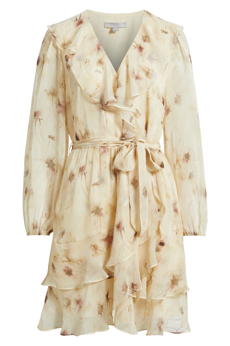 Floral Ruffle Trim Long Sleeve Chiffon Minidress, Alternate, color, BEIGE FLORAL