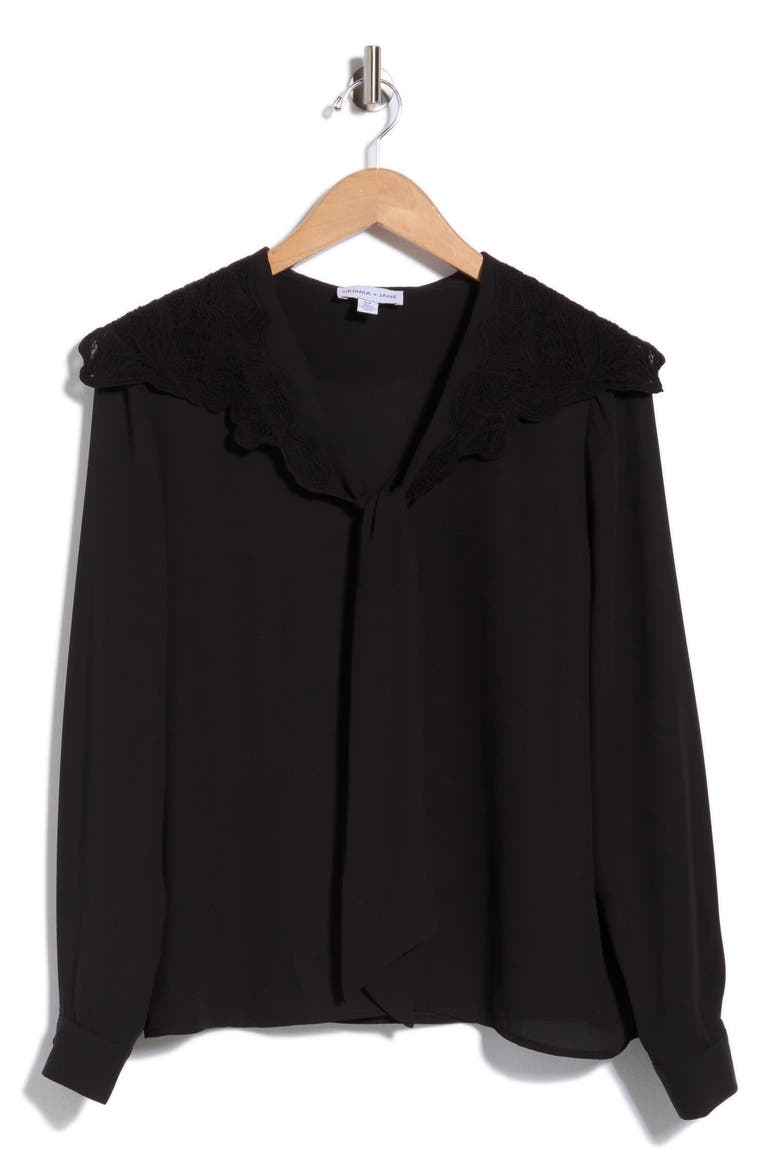 Lace Collar Tie Neck Top, Alternate, color, BLACK