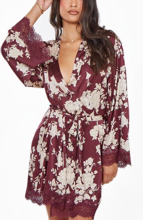 Floral Print Lace-Trimmed Satin Robe