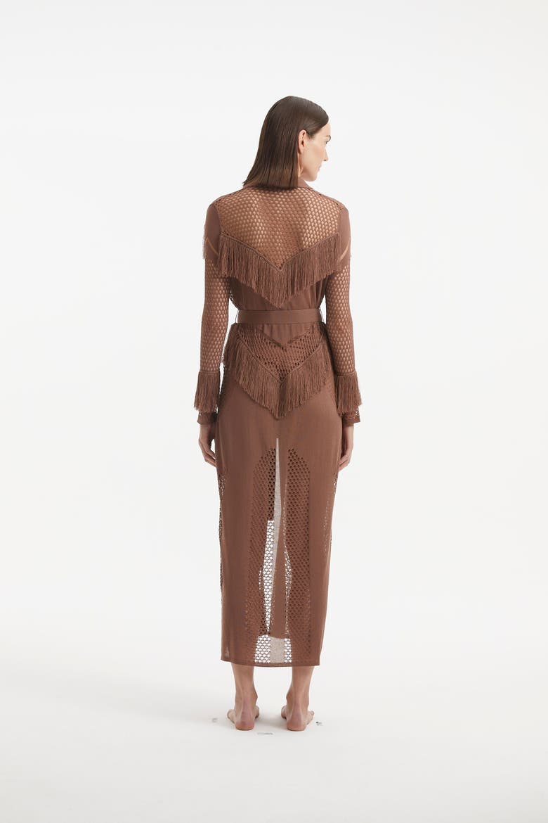 Itzel Knitted Mesh Long-Sleeve Kaftan, Alternate, color, Brown