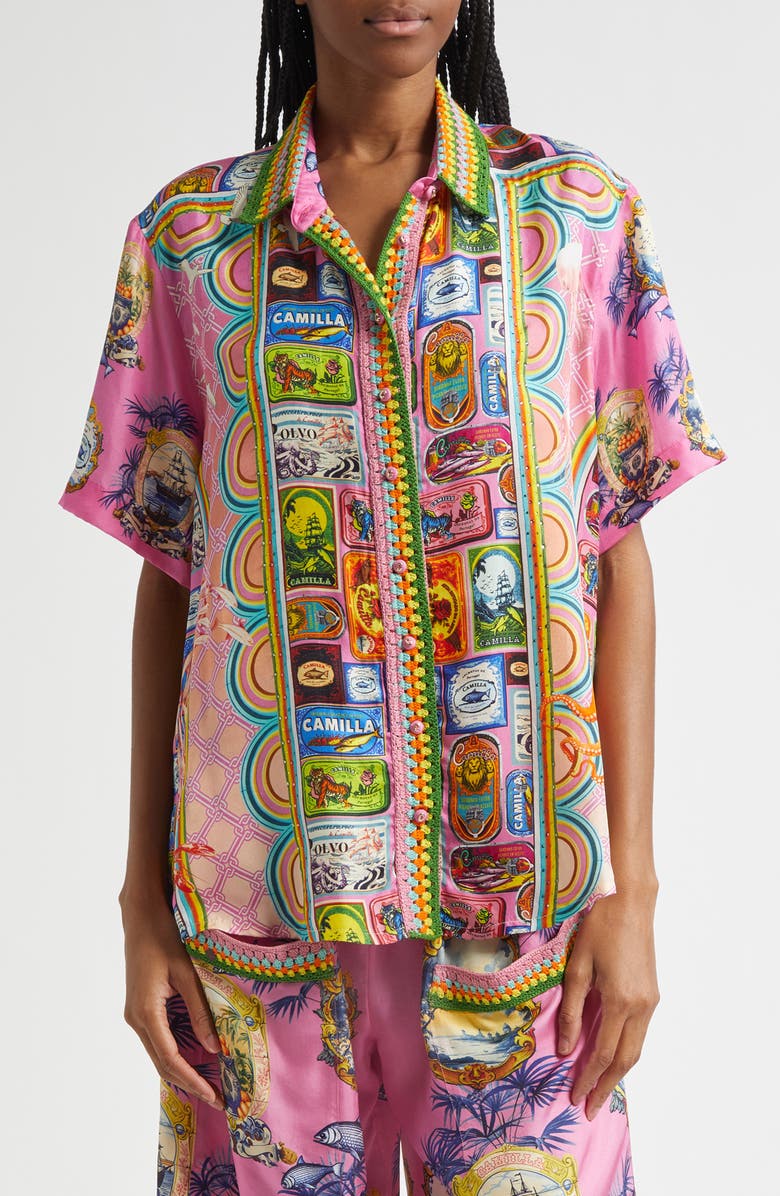 Camilla Salty Splendor Crystal Embellished Silk Shirt, Main, color, Salty Splendour