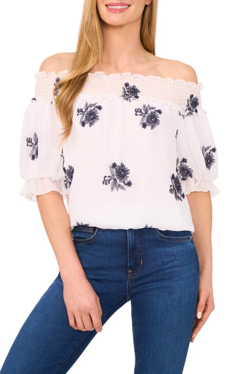 (取寄) シーシー レディース エンブロイダリー オフ ザ ショルダー ブラウザ CeCe women Embroidery Off The Shoulder Blouse Ultra White CeCe Off-The-Shoulder Leopard Cluster Smocked Blouse Soft