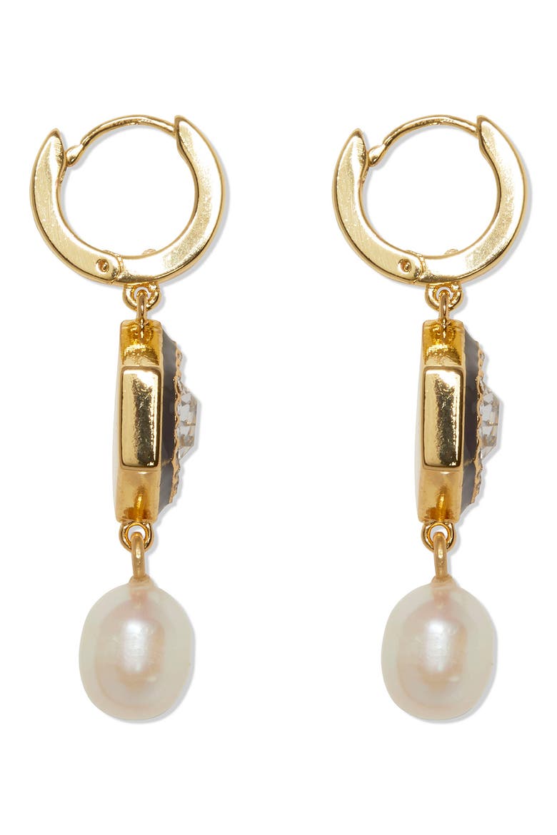 Freshwater Pearl & Crystal Huggie Hoop Earrings, Alternate, color, GOLD-JET BLACK-CRYSTAL-IVORY P